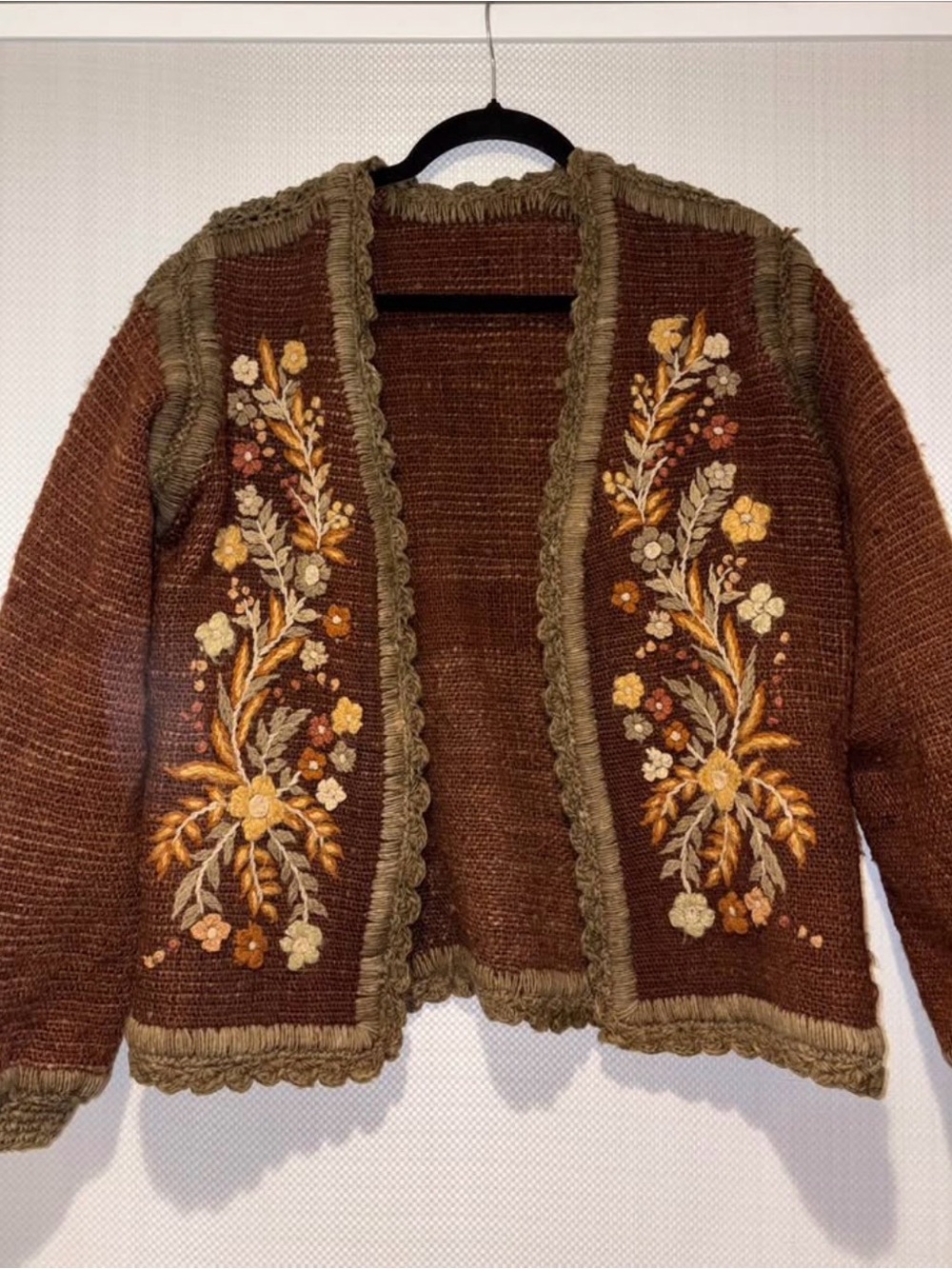 Embroidered Brown Floral Open-Front Jacket